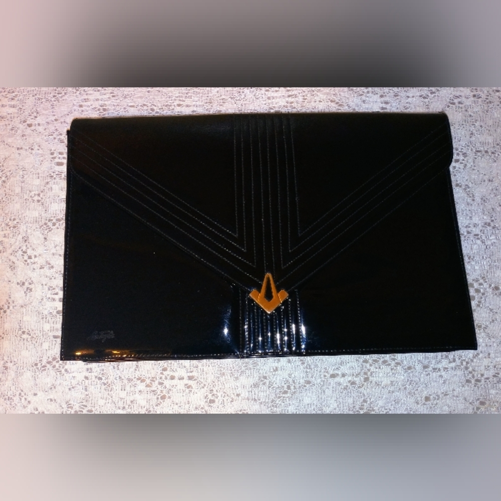 VINTAGE LOU TAYLOR PATENT LEATHER CLUTCH HANDBAG w/STRAP - BLACK Purse Shoulder